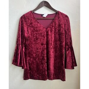 Vintage 90s Y2K Red Crushed Velvet Top M Fairy Grunge Whimsigoth Bell Sleeve